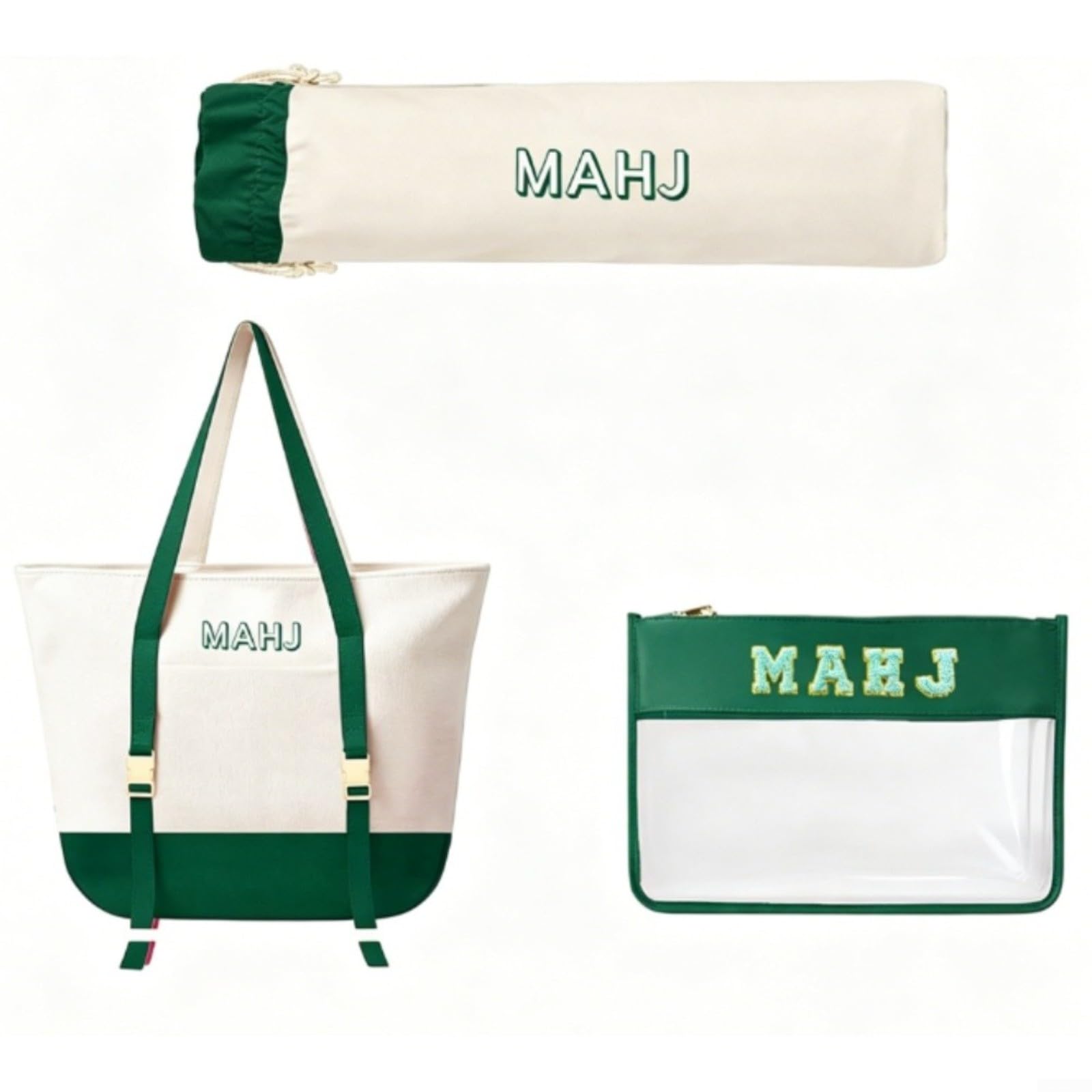Alanmoship 3-Piece Canvas Mahjong Tile Bags Set with Zipper Pouch and Drawstring Organizer for Game Night Travel Red(Green)