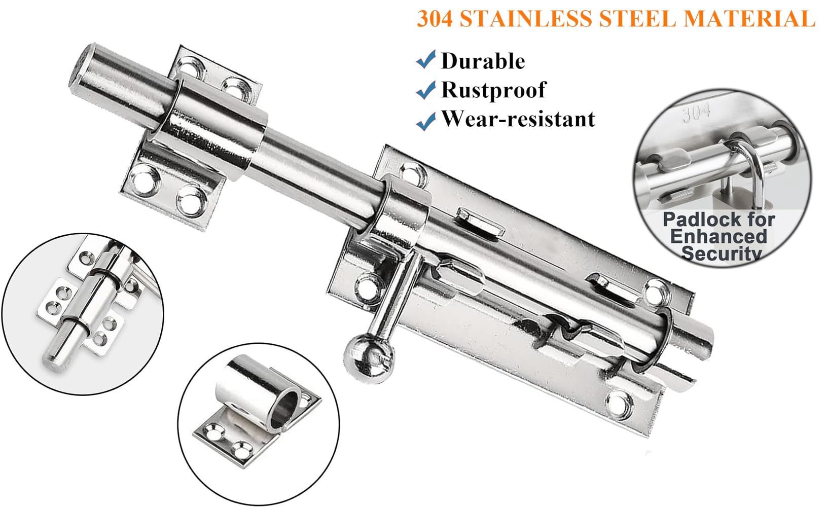Litensh Heavy Duty Sliding Gate Latch Bolt Door Lock with Padlock Hole, 304 Stainless Steel Safety Barrel Gate Bolt Latch, 12mm Dia. 196MM Stainless Steel - Image 3