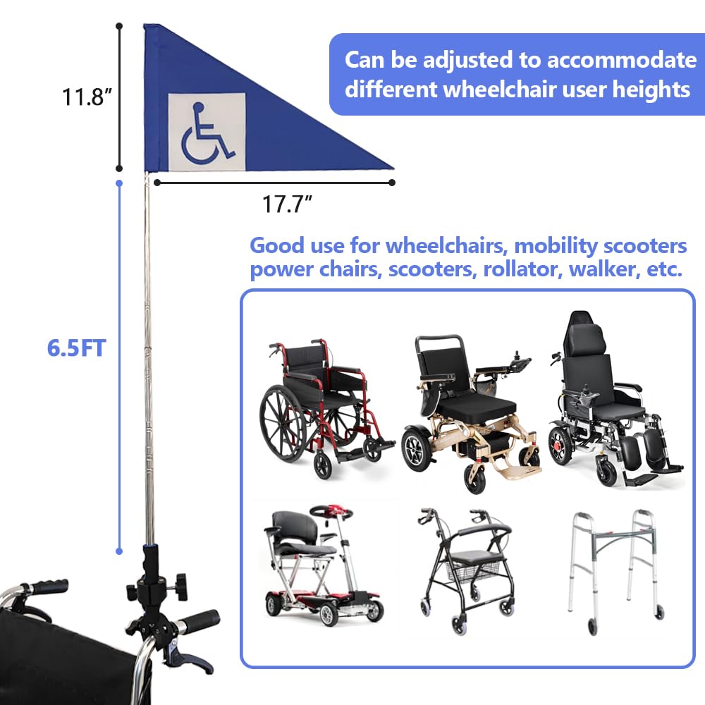 Bandera de silla de ruedas para discapacitados para scooters de movilidad, andadores, accesorios de seguridad, 6.5 pies de longitud, plegable (azul)