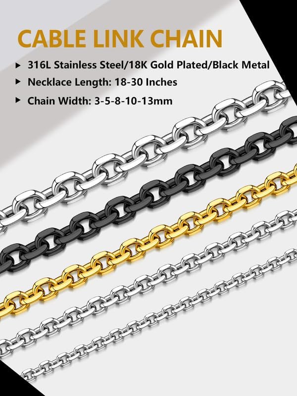Cable Chain Stainless Steel Necklace for Men Women, 3/5/8/10/13MM Width, 18K Gold Plated/Black Metal/316L Stainless Steel Sturdy Rolo Link Chain Necklace, 18-30inch Length - Image 8