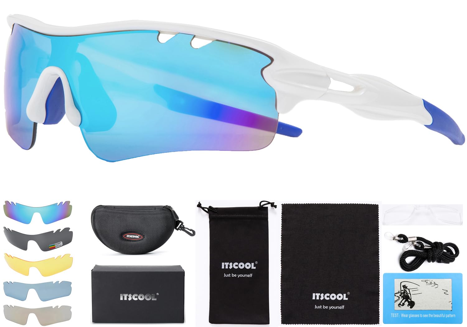 Itscool Occhiali da sole sportivi polarizzati per uomo e donna con 5 lenti intercambiabili per golf, baseball, corsa, ciclismo, occhiali bianchi e blu