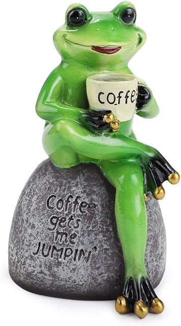 Sumnacon Resin Frog Figurines Sitting on Stone Statue Cute Creative Funny Green Frog Sculpture for Decoration Drinking Coffee