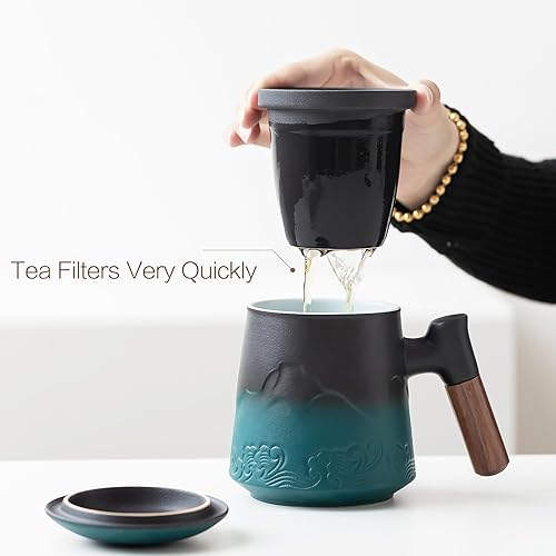Miniatura 5 de ZENS Taza de té con infusor y tapa, taza de té de cerámica con mango de palisandro, taza de té de hojas sueltas de 15.2 onzas para regalos, negro y