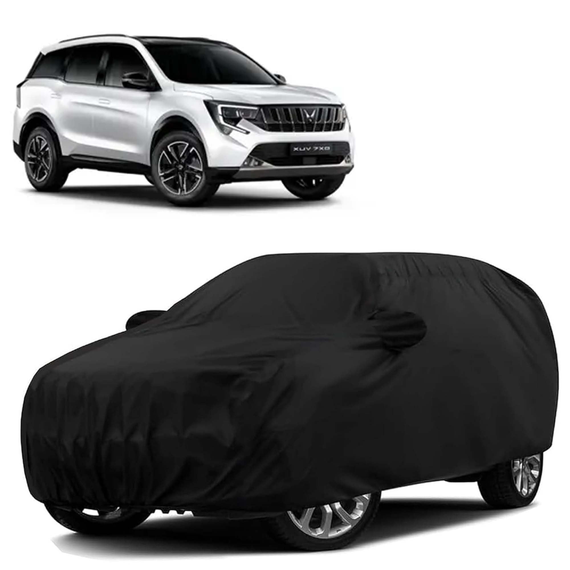Sulfar 100% Water Resistant Car Body Cover Compatible with Mirror for Mahindra XUV 7XO (Triple Stitched, Full Bottom Elastic, Black)
