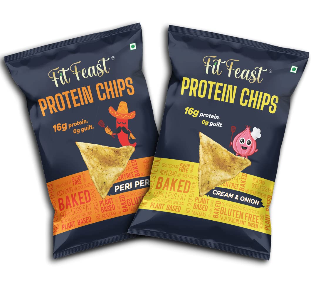 FitFeast Protein Chips, Box of 2 (Assorted Flavours) | 16g Protein Per Bag | Oven-Baked | 60% Less Fat | Gluten Free | Plant Based | Trans Fat Free (60g Each)
