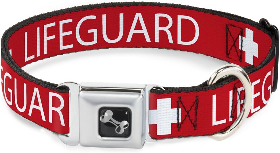 Dog Collar Seatbelt Buckle Lifeguard Logo Red White 18 to 32 Inches 1.5 Inch Wide