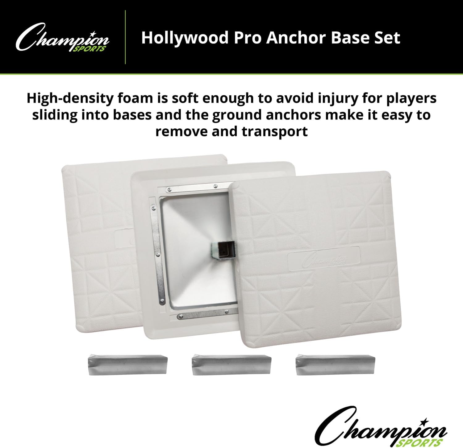 Champion Sports Pro Anchored Baseball/Softball Base Sets - Heavy-Duty Bases with Welded & Bolted Stanchions, Base Replacement Pins & Anchor Plugs