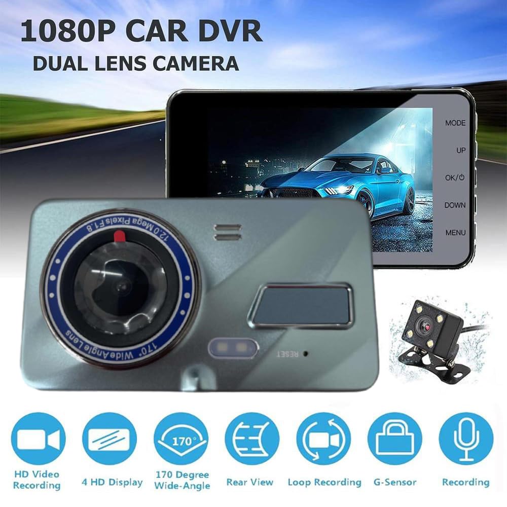 Dash Cam, 1080P FHD Autocamera met Dubbele Lens voor en Achter, 170° Groothoek Parkeermonitor Loop Recording G-sensor, 4 Inch IPS-scherm Dashcam voor Auto's