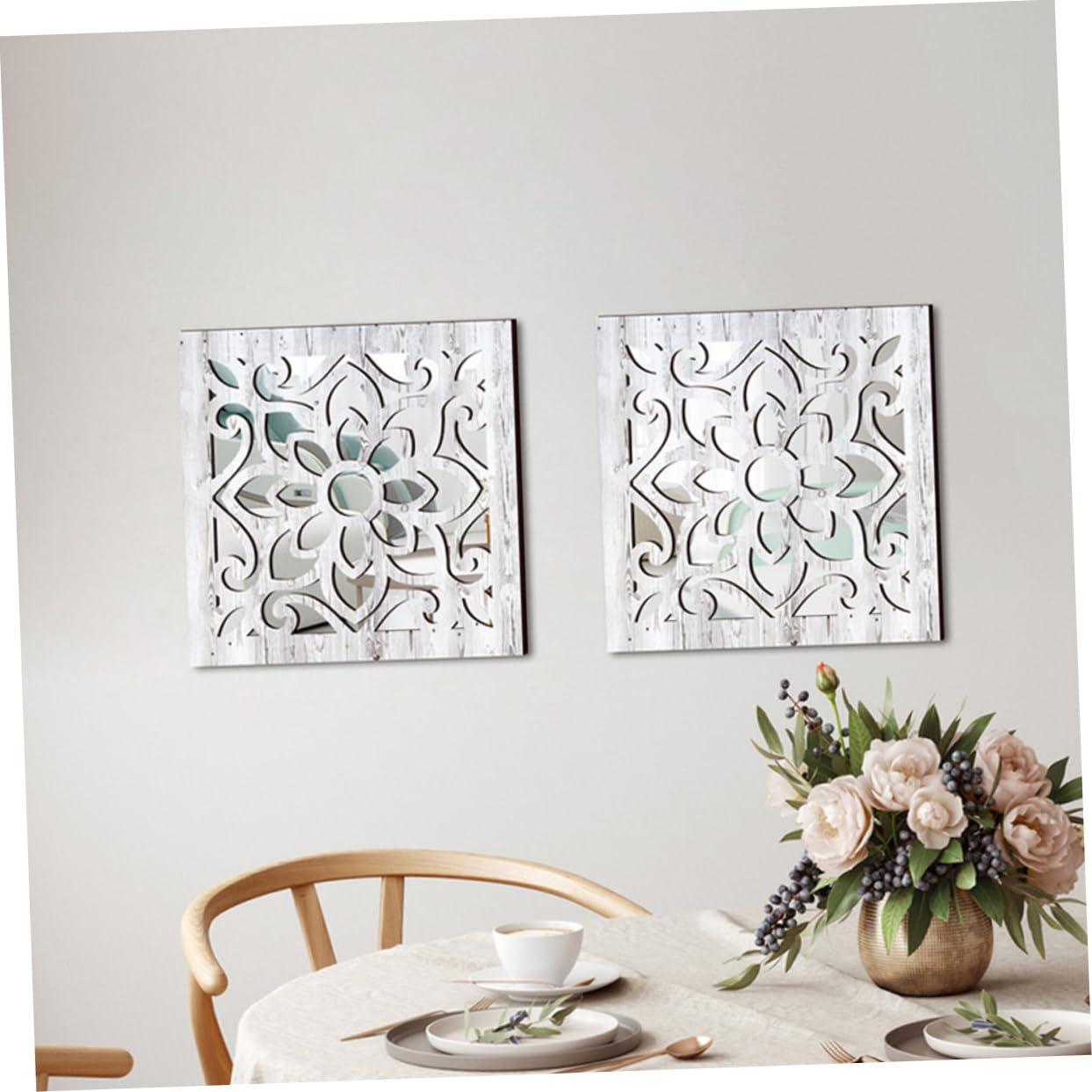 STOBAZA Specchio da Parete Decorativo Quadrato in Acrilico e Legno, Stile Rustico Bianco, 2 Pezzi, per Soggiorno e Ingresso