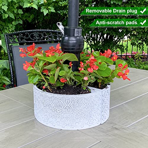 Bien Beau Patio Umbrella Planter – 2 Pieces Wrap Around Umbrella Planter - Distressed White – Weatherproof Resin – Fits Standard Poles Up To 2” Diameter - Scratch Pads - Water Plugs #TOP2