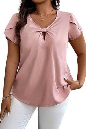 Womens Plus Size Short Sleeve Blouse Knotted Keyhole Front Petal Sleeve V Neck Casual Solid Color Tops