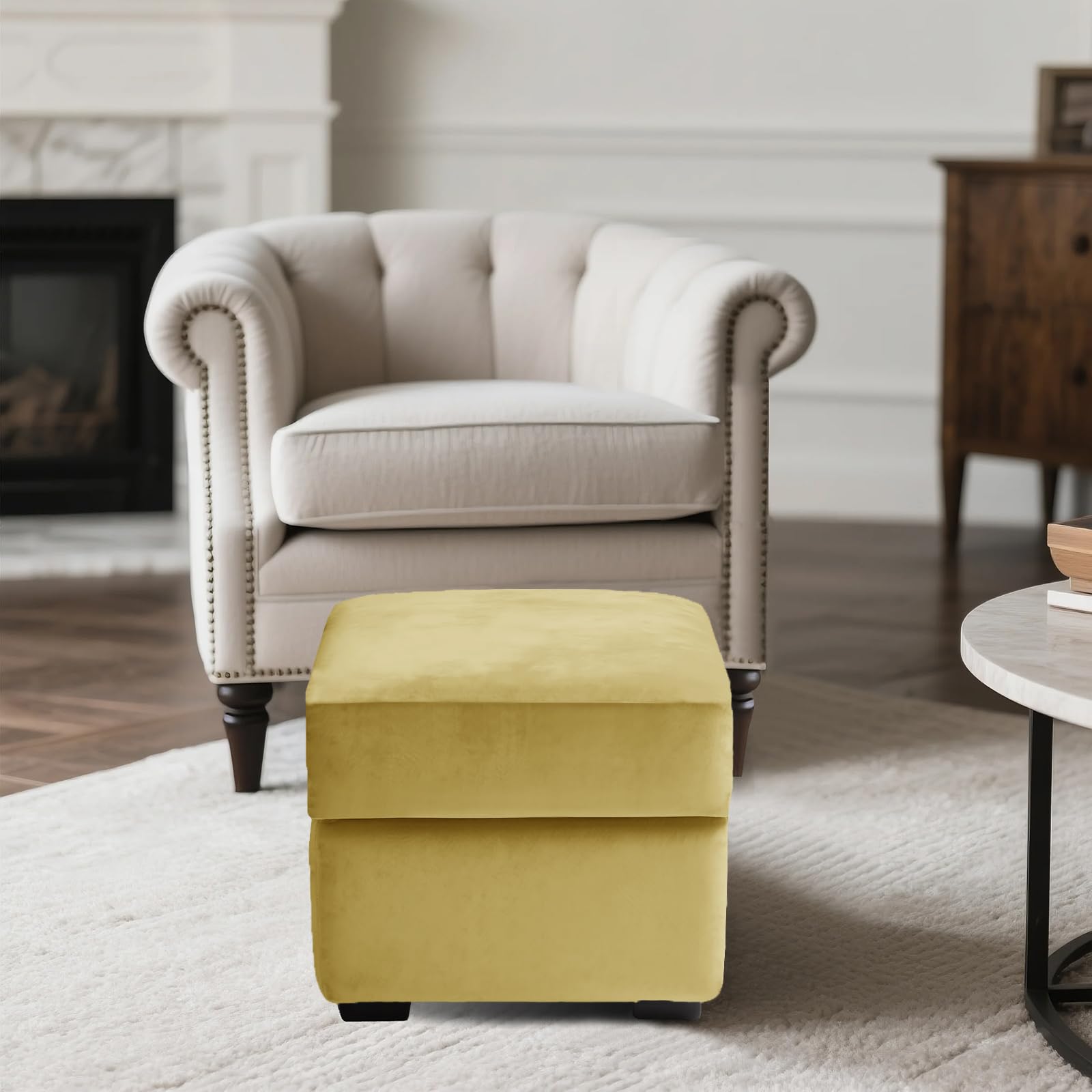 SYLC Ottoman Cover Stretch Velvet, Footstool Cover and Pouffe Cover Non-slip with Elastic Bottom/ties, Slipcover for Folding Storage Poofy Foot Stool (Lemon,Square-S Ottoman+Seat)