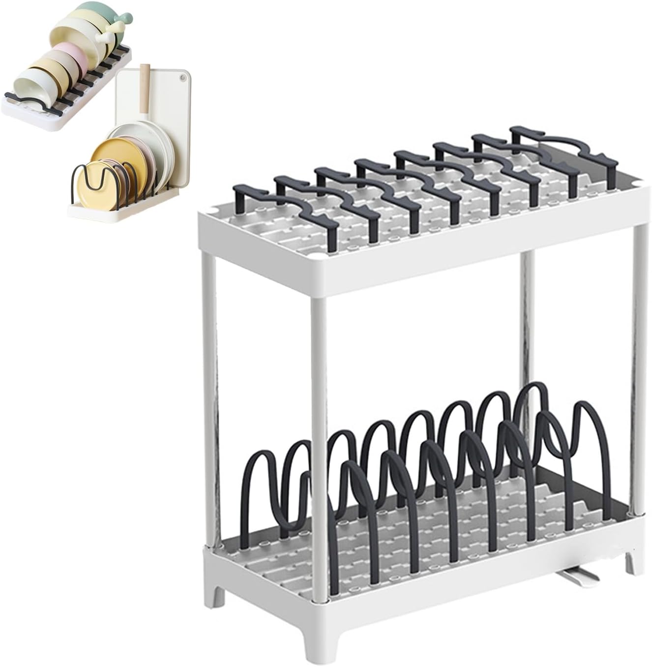 Double-Layer Pot and Pan Lid Organizer with Drainage, Adjustable 16 Compartments for Kitchen Cabinets - Bakeware, Cookware, Cutting Boards & Dishes (Dark Grey) Double Dark Grey