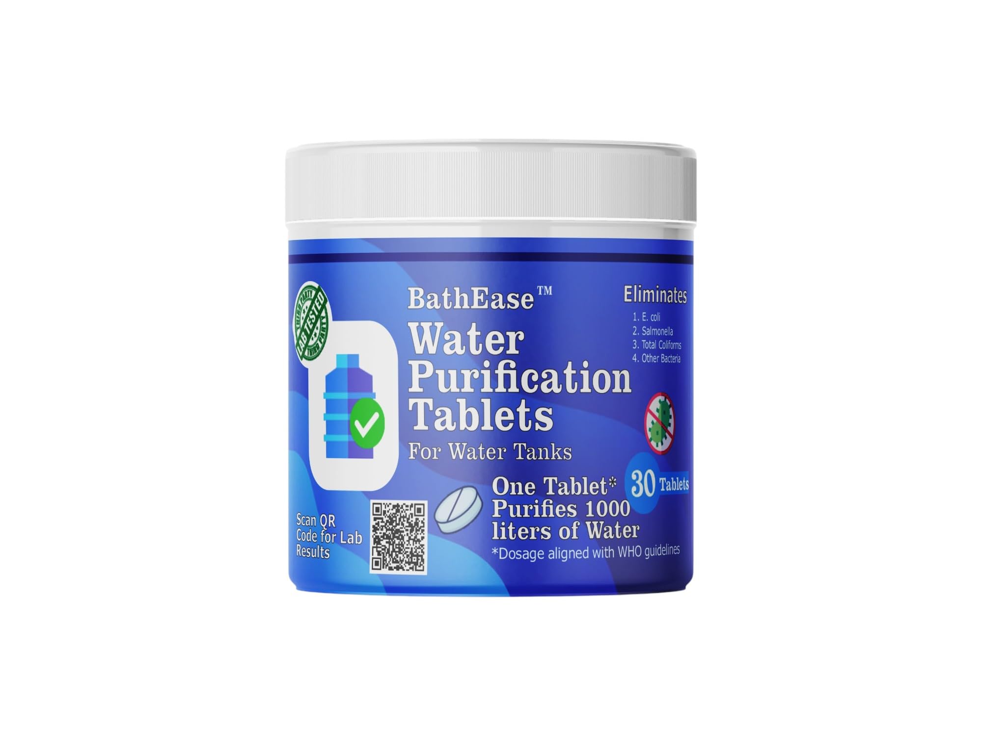 BathEase Chlorine Water Purification Tablets | Scientifically Proven | 1 Tablet for 1000 Liters | Eliminates Bacteria and Microorganisms Present in Water | Pack of 30 Tablets for 30000 litres