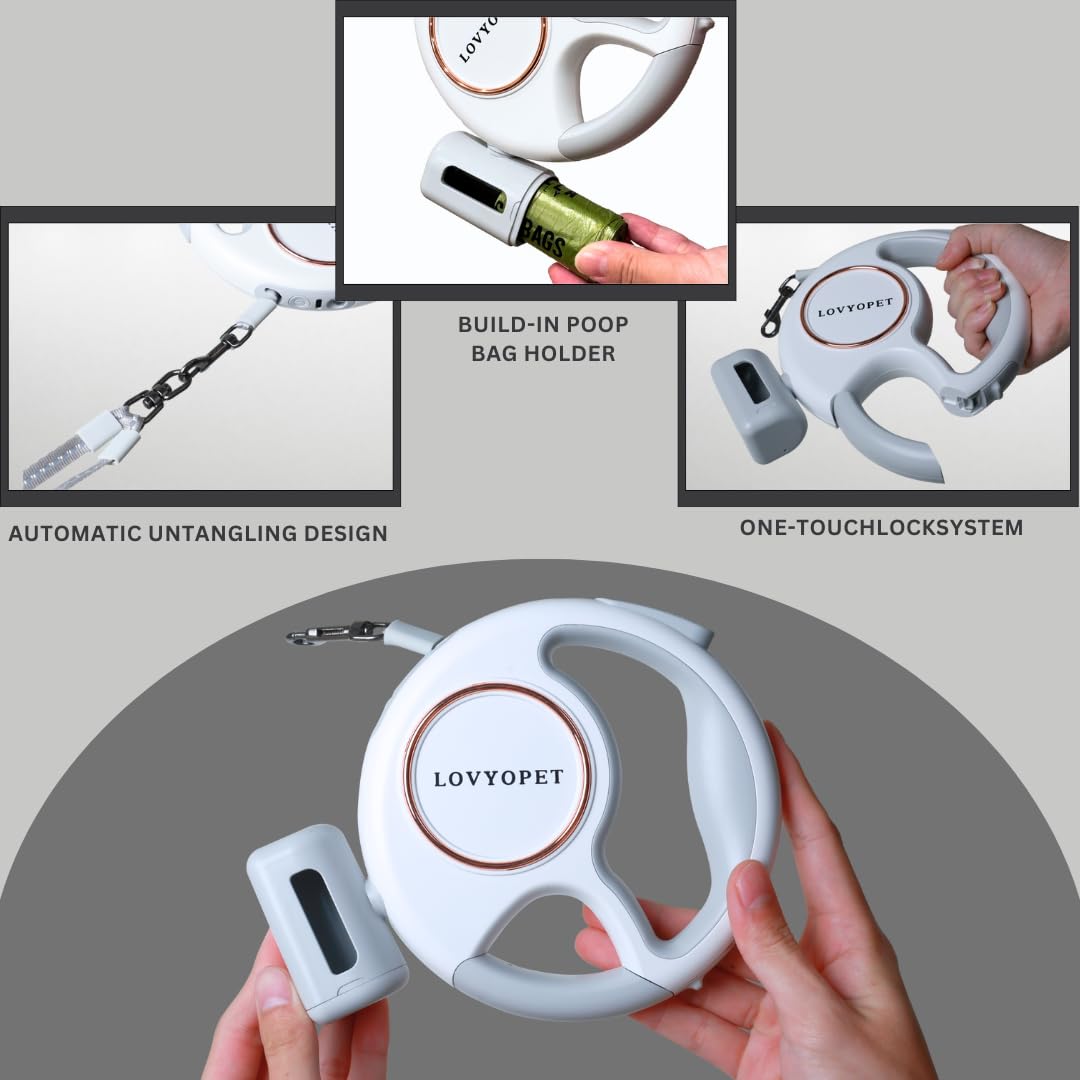 Correa retráctil para perro (puede pasear a dos perros juntos) – Correa con luz LED, giro de 360° sin enredos, costuras duraderas, bloqueo de un solo toque, agarre ergonómico – para pequeño a mediano
