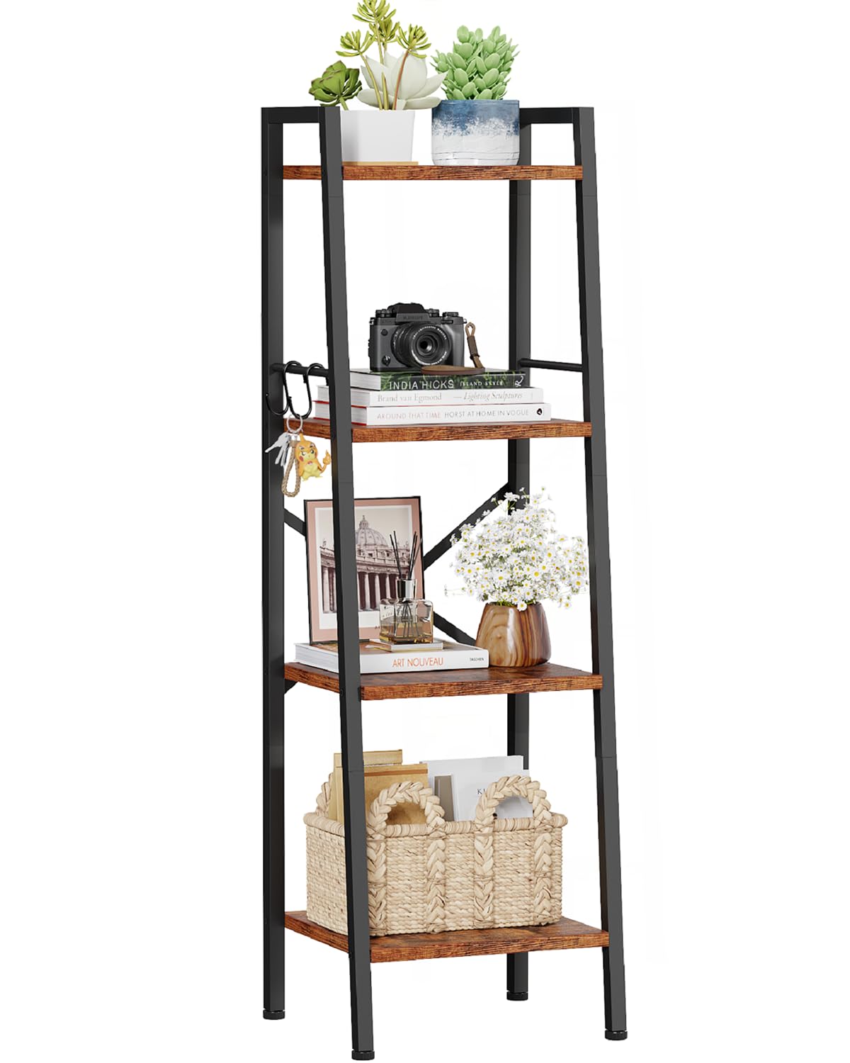 Furologee 4 Tier Ladder Bookshelf Narrow, Metal Wooden Ladder Shelf Bookcase with 2 Hooks, Small Rustic Brown Bookshelves Free Standing, Skinny
