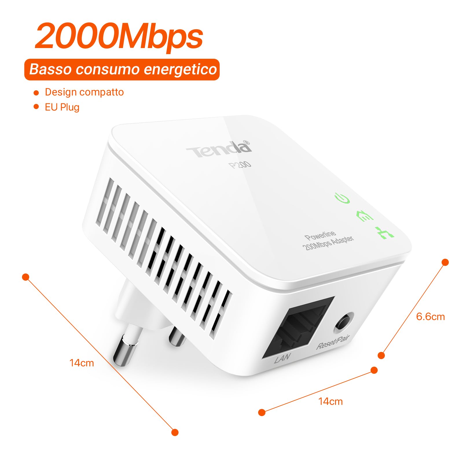 Tenda P200 Powerline Kit AV200 Mbps, Adattatori PLC con 1 Porta Ethernet, HomePlug AV, Plug & Play, Fino a 300 m di Copertura, Risparmio Energetico