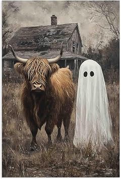 FOTRIC Ghost Pictures Highland Cow Wall Art Farmhouse Halloween Wall Decor Spooky Ghost Pictures of Wall Halloween Highland Cow Canvas Moody Ghost Farmhouse Decor Canvas Roll 16x24 inch