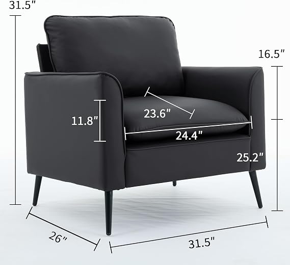 YITAI Modern Accent Living Room Chairs,Faux Leather Oversized Single Sofa Chair with Metal Legs, Mid Century Comfy Armchair for Bedroom/Office Reading/Lounge/Office/Reception,2PC,Black