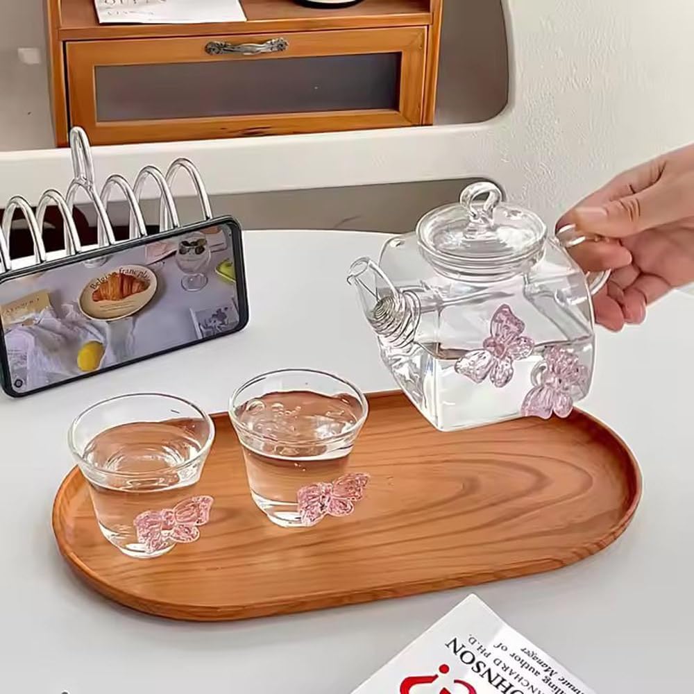 Elegant Butterfly Design Glass Teapot Set with 2 Cups | Transparent Borosilicate Glass Kettle for Home, Office & Gifting | Decorative Glass Teapot with Cups for Hot & Cold Drinks -500ML