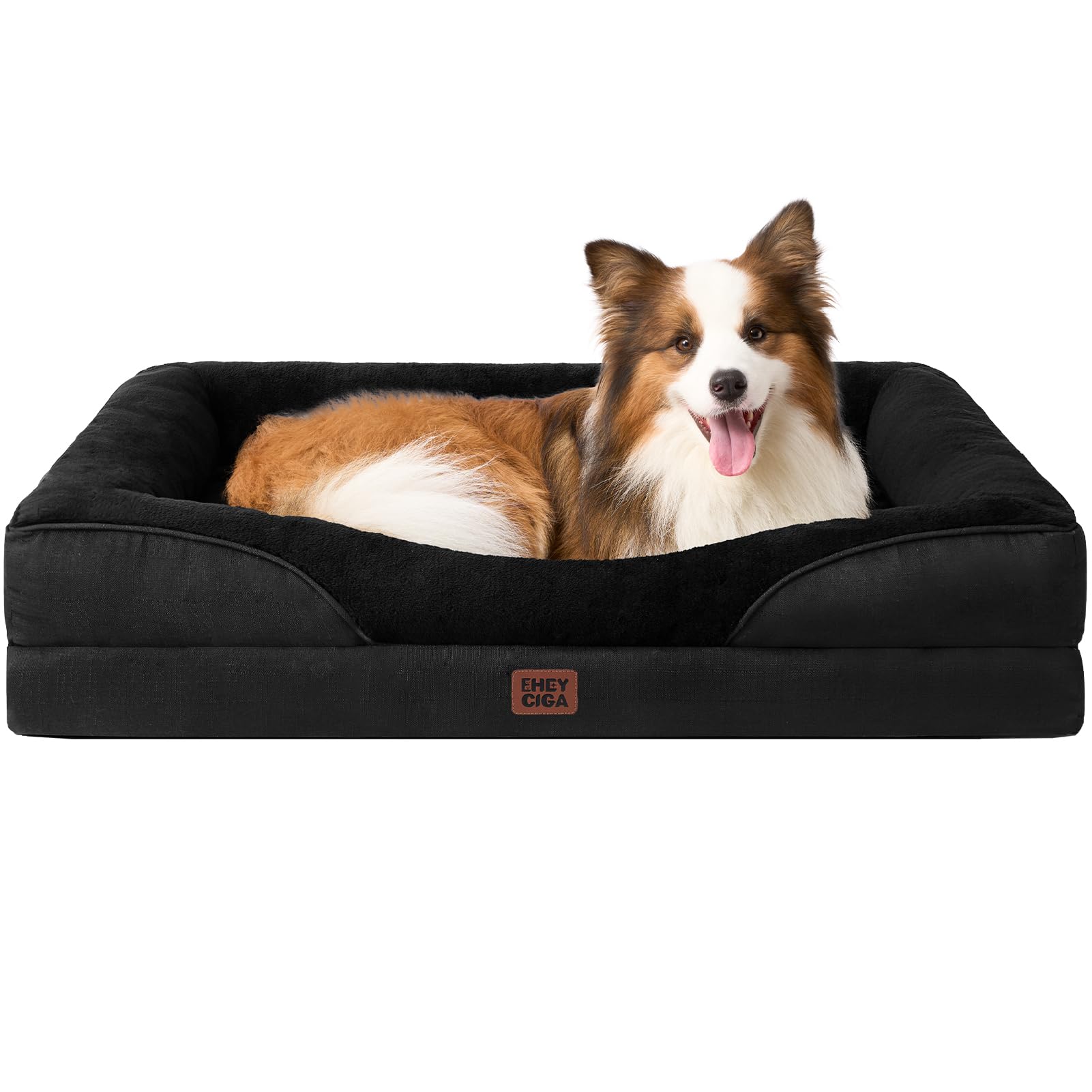 EHEYCIGA Orthopädisches Hundebett Mittelgroße Hunde, 104x68x18.5cm, Memory Foam Waschbar und Wasserdicht Hundekorb mit 4 Rändern, Hundesofa Hundecouch rutschfest, Schwarz
