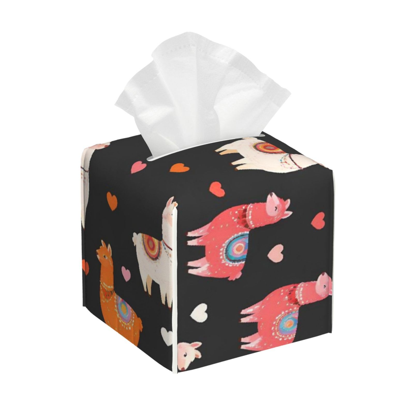 Llama Alpaca Leather Tissue Box Cover Holder Square Facial Paper Organizer 5.2" X 5.2" X 5.2"