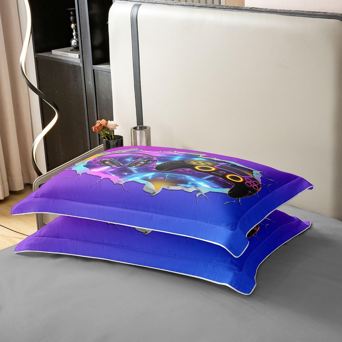 Homemissing Set di biancheria da letto in 100% cotone, per letto king size, per bambini e bambine, motivo console di videogiochi, decorazione per camera da letto, 3 pezzi, chiusura lampo e
