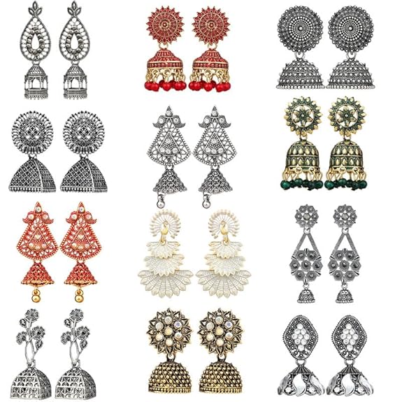 Fashion Frill Earrings For Women Floral Vintage Design Traditional Drop Jhumke For Women Girls Love Gifts 12 Pair of Earrings