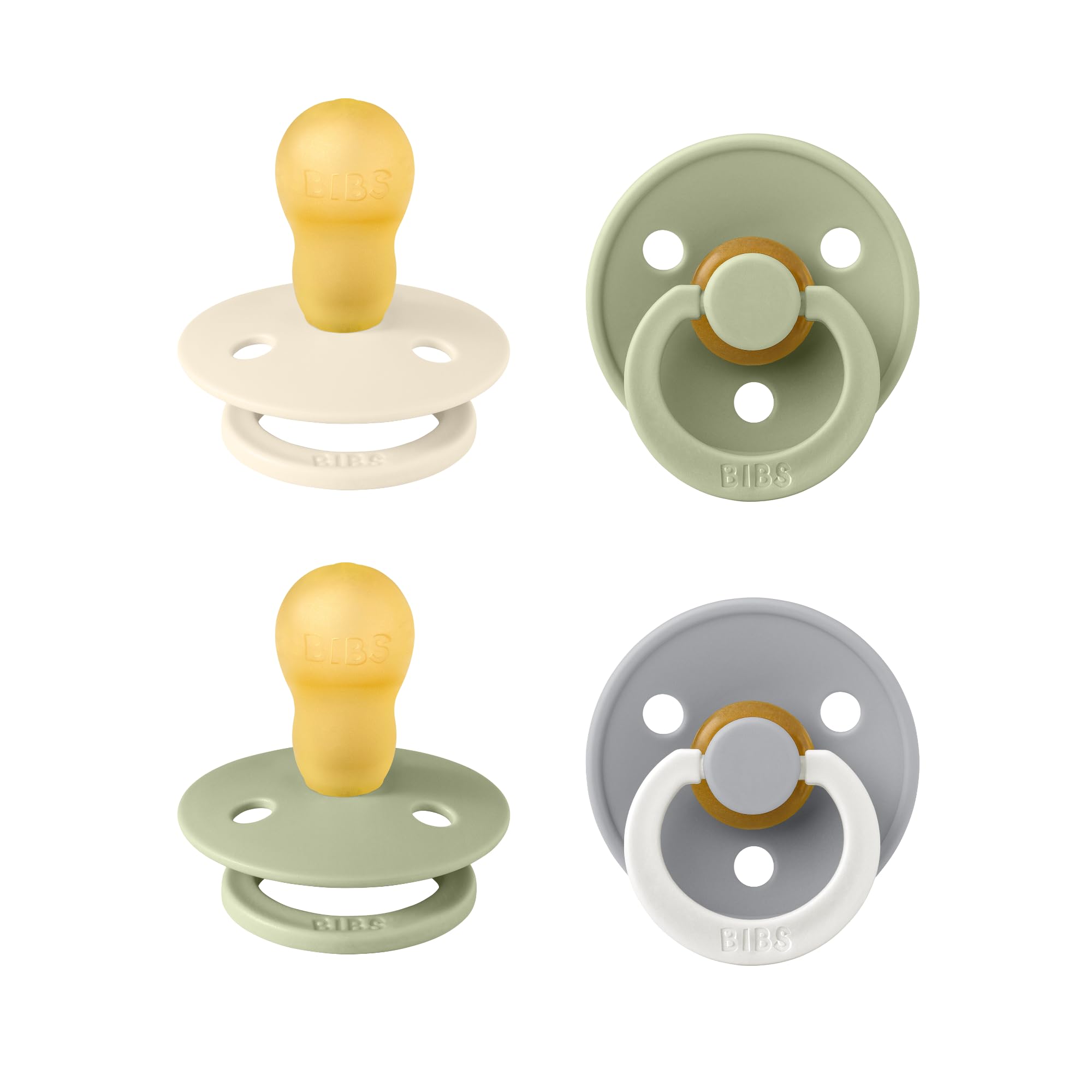 BIBS Colour, Set di 4 ciucci, succhietto senza BPA, Tettarella tonda. Lattice di gomma naturale, Prodotto in Danimarca. 18+ mesi (set da 4), Sage Glow Mix