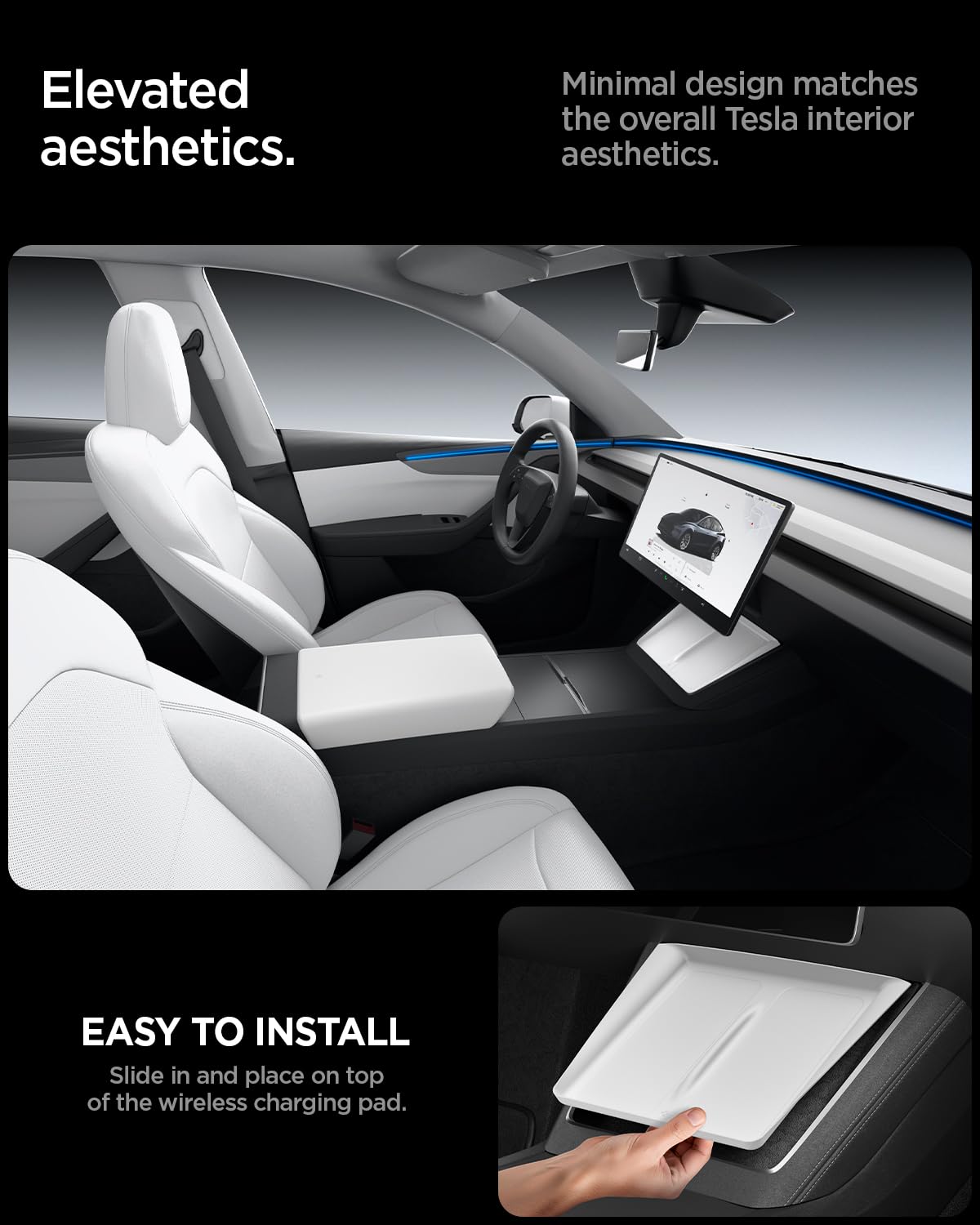 Spigen Ultra-Thin Wireless Charging Pad [Unobstructed Charging] Protective Silicone Mat Cover Accessories for 2025-2026 Tesla Model Y Juniper Premium/Performance - White