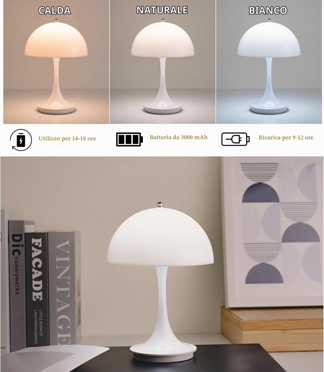 Lampada da tavolo a LED Senza fili Batteria Fungo Lampada da tavolo con Touch Dimmerabile Lampada da comodino Ricaricabile USB Lampada a fungo Moderna 3000K-6000K Luce da Scrivania a LED,Bianca