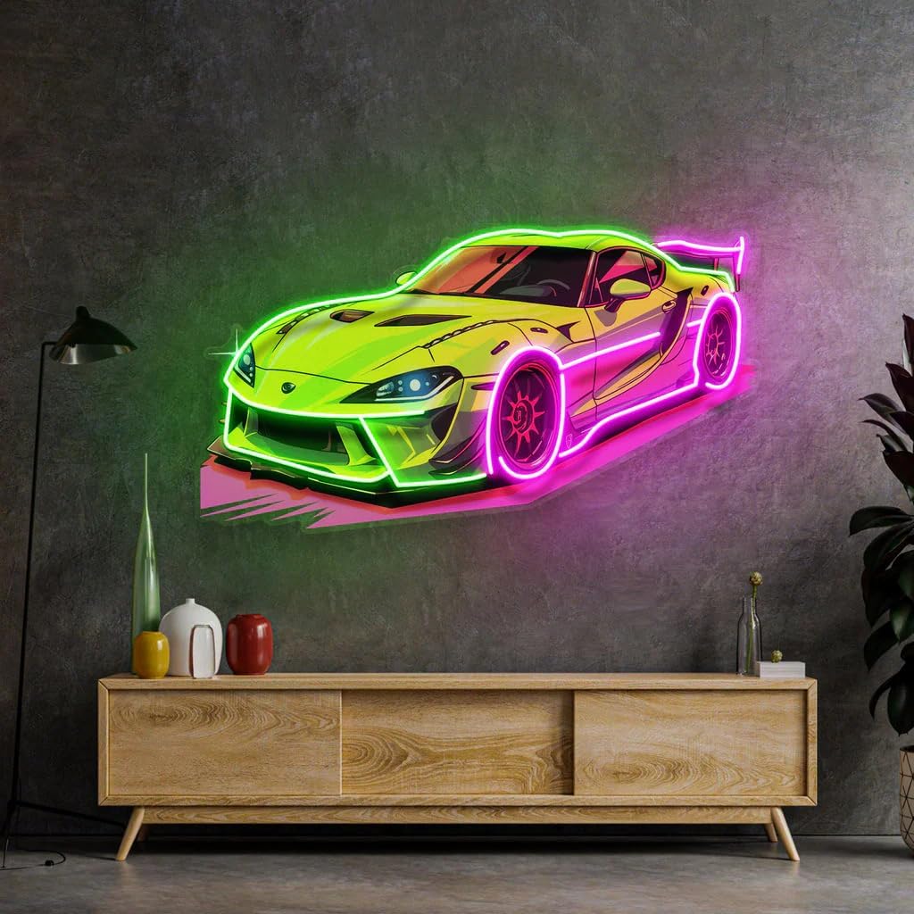 Green Sport Car Neon Sign Car UV Printing Neon Pop Art Garage decoration Kid Room Decor Gift for Him (Multicolor, 16inch(40cm))