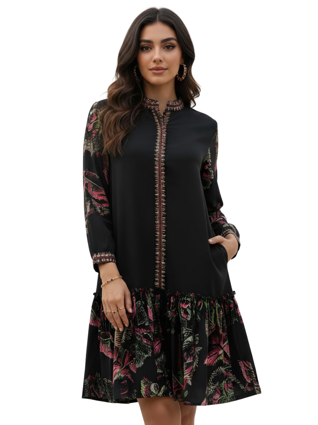 Women's Black Floral Digital Printed Viscose Rayon Dress with Mandarin Collar | Long Sleeves, Tiered Ruffle Hem, Side Pockets | Office Wear, Evening & Day Wear-image-24