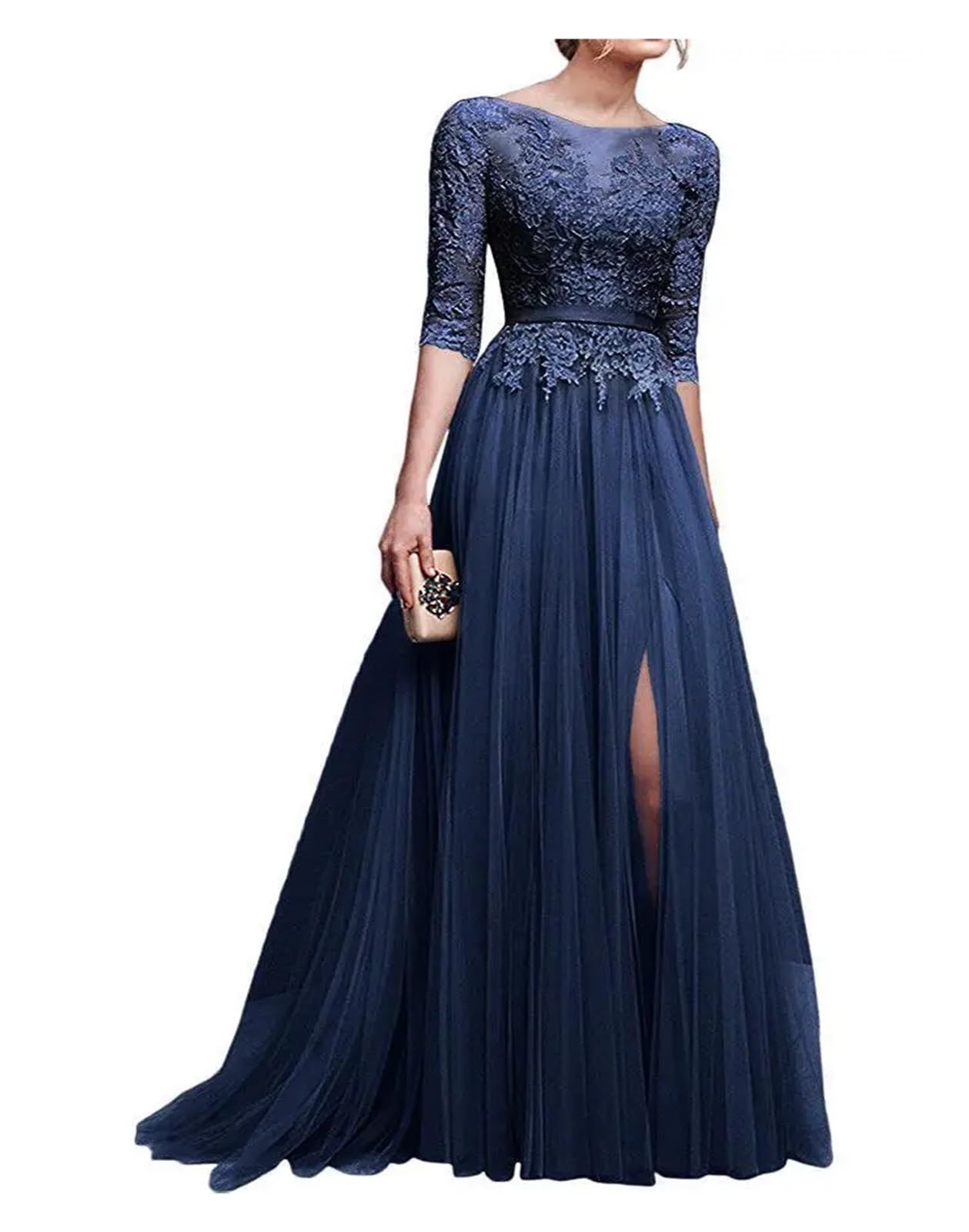 Vestiti Cerimonia Donna Eleganti Abiti Da Damigella D'onore Lunghi Eleganti In Tulle Rosa Blu Con Applicazioni In Pizzo E Mezza Manica, Abiti Da Ballo For Feste Serali Con Spacco Alto(Pink,12)