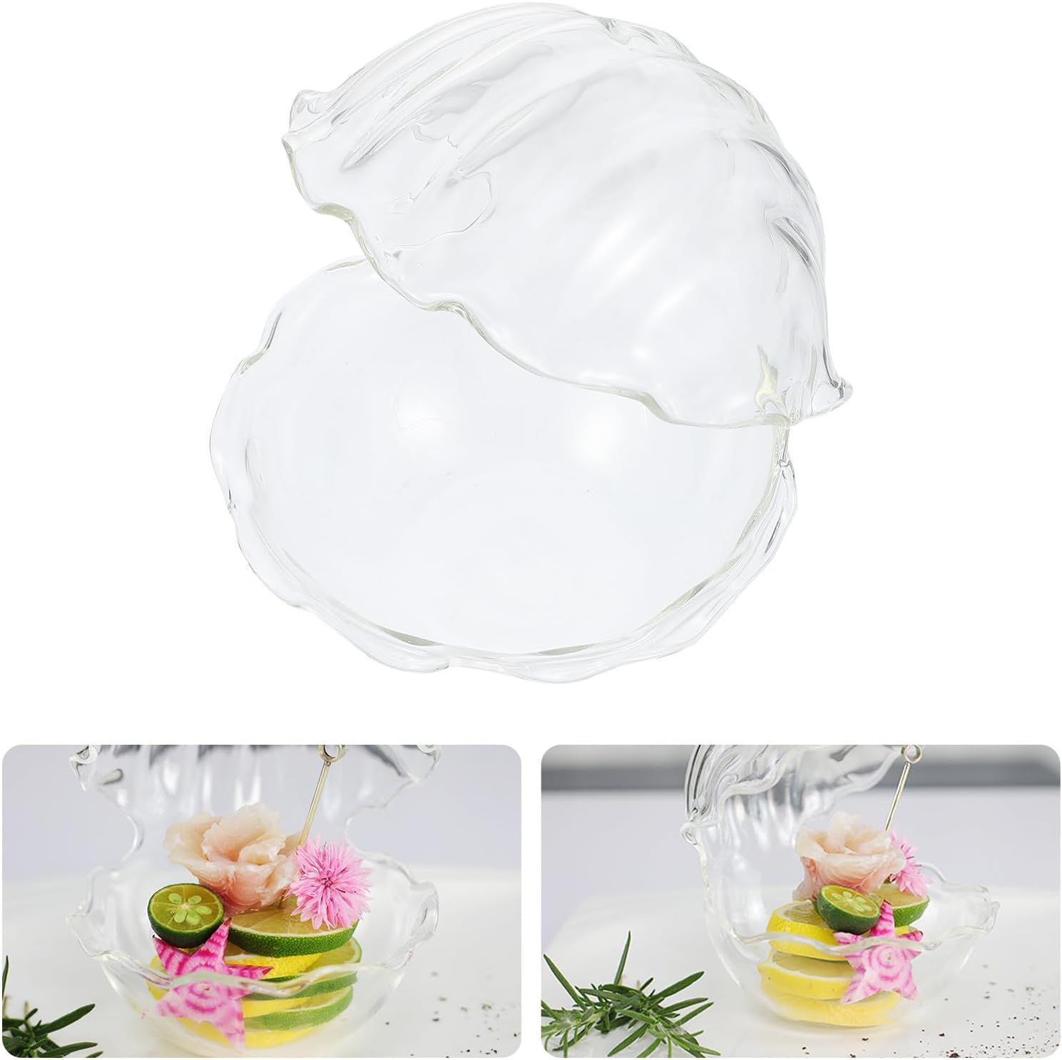 Mikinona Glass Sashimi Bowl and Dessert Serving Bowl, Clam Shell Shape, Food-grade Glass Kitchen Tableware for Home Dining and Salad Serving