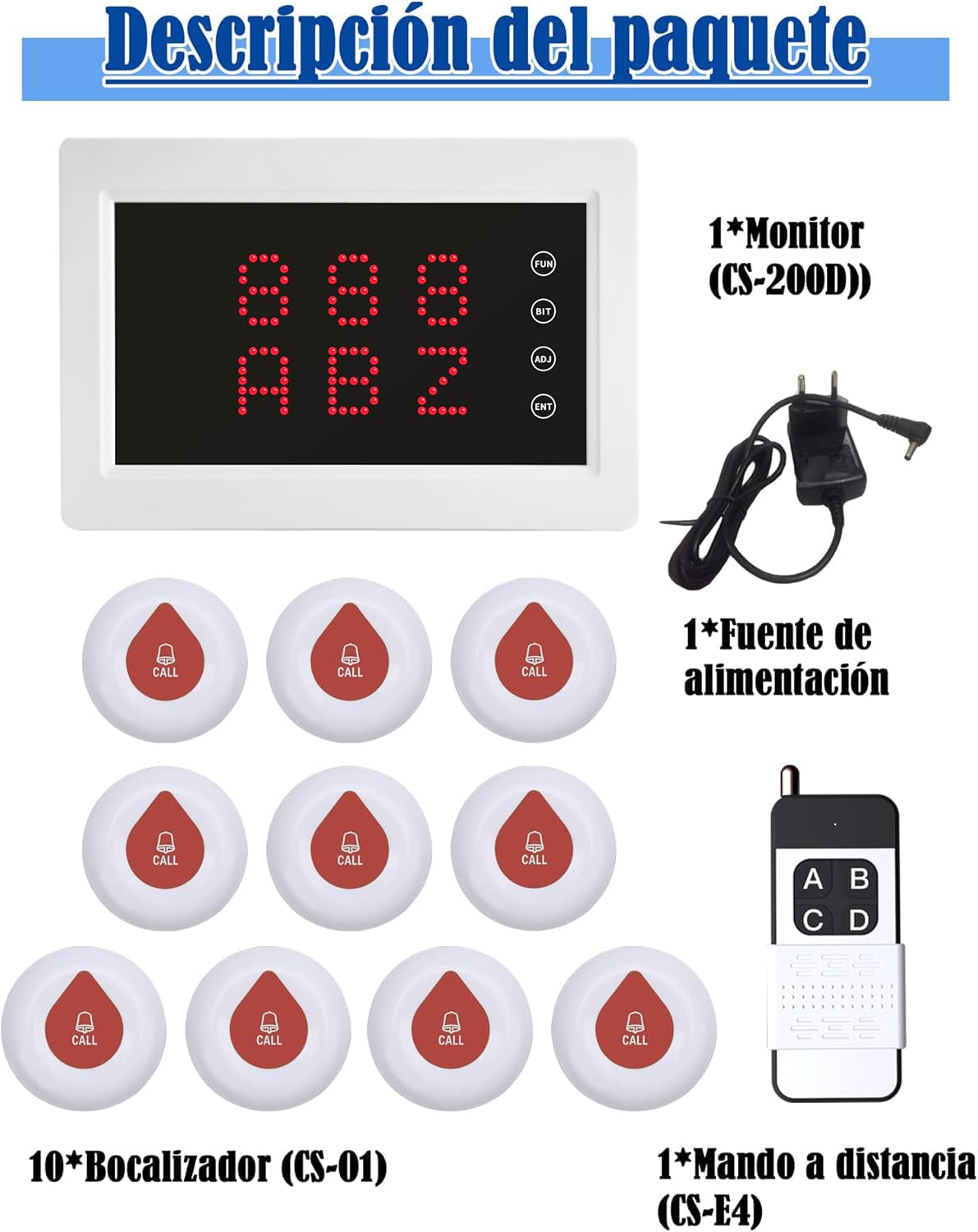 Sistema De Buscapersonas Inalámbrico, Botón De Llamada De Ancianos Sistema De Llamada De Cuidador para Residencias De Ancianos, Hospitales De Atención, Restaurantes (Monitor + 10 botón)