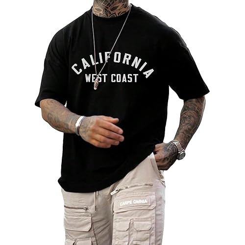 GORGLITTER Men's Letter Graphic Drop Shoulder T-Shirt Short Sleeve Mock Neck Tees