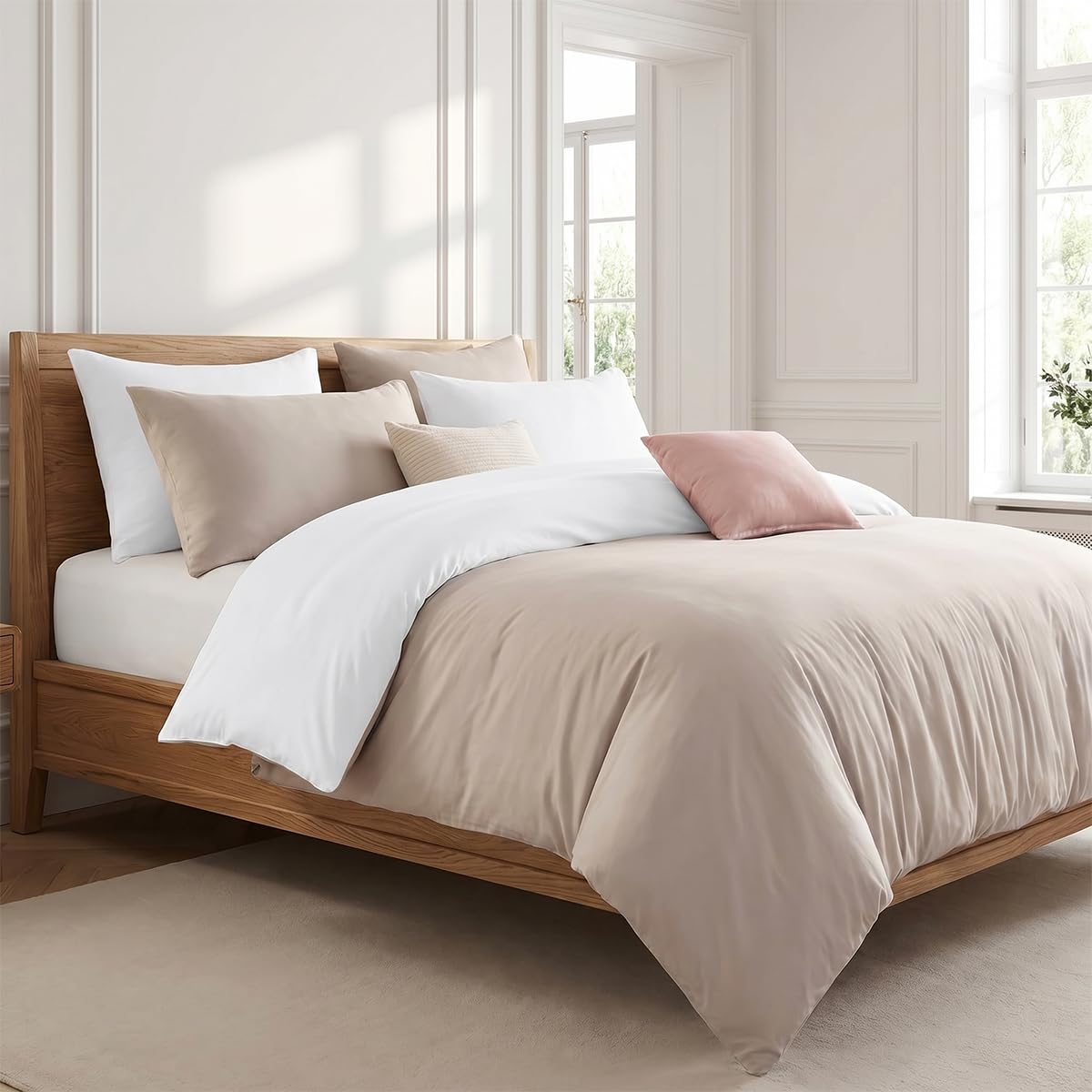 Soifox Double Duvet Set Beige and White, 3 Piece Microfiber Reversible Double Bedding Bed Sets, Soft and Non Iron Quilt Duvet Cover Set with 2 Pillowcases 50x75cm — image 1