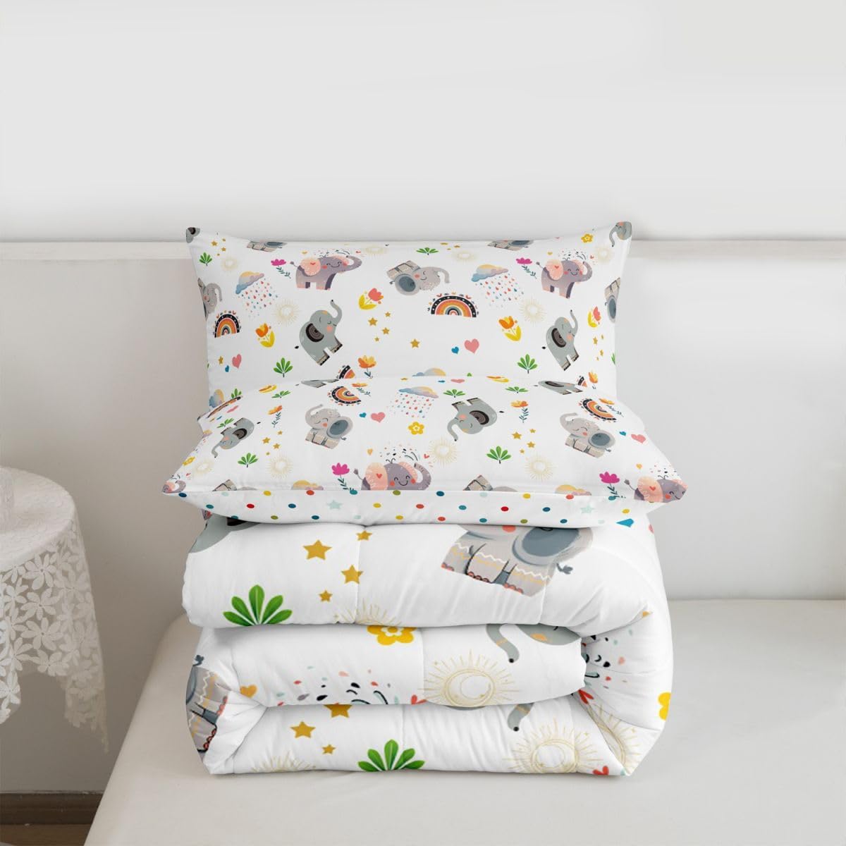Elephant Down Comforter Queen Size, Kids Cartoon Rainbow Comforter Set, African Safari Animal Bedding Set For Girls Boys Children, Cartoon Flower Floral Duvet Sets Breathable Bedroom Decor, Colorful