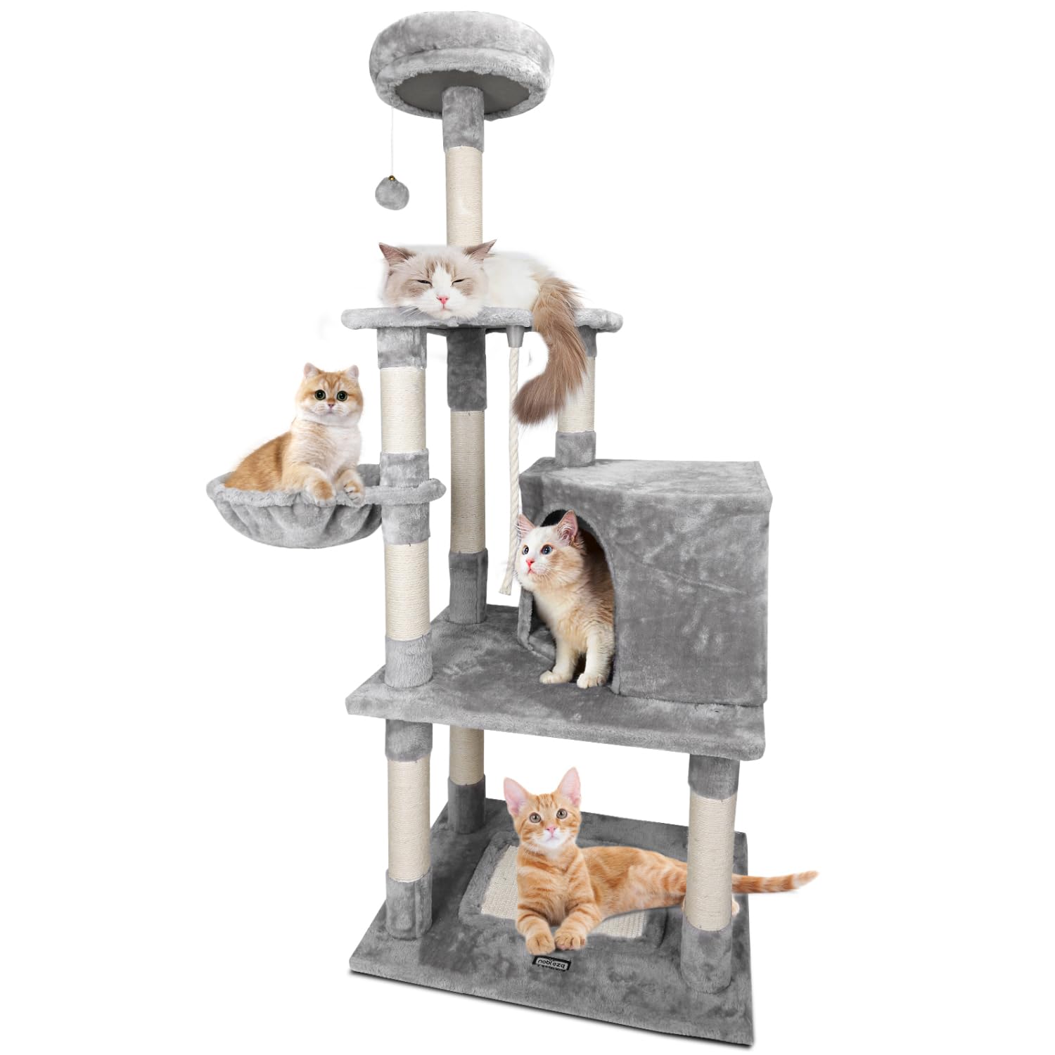 Nobleza Árbol Rascador para Gatos Grande 168cm, Torre de Actividades Multinivel con 9 Postes de Sisal, 2 Nidos, Hamaca y Pompón, Gris
