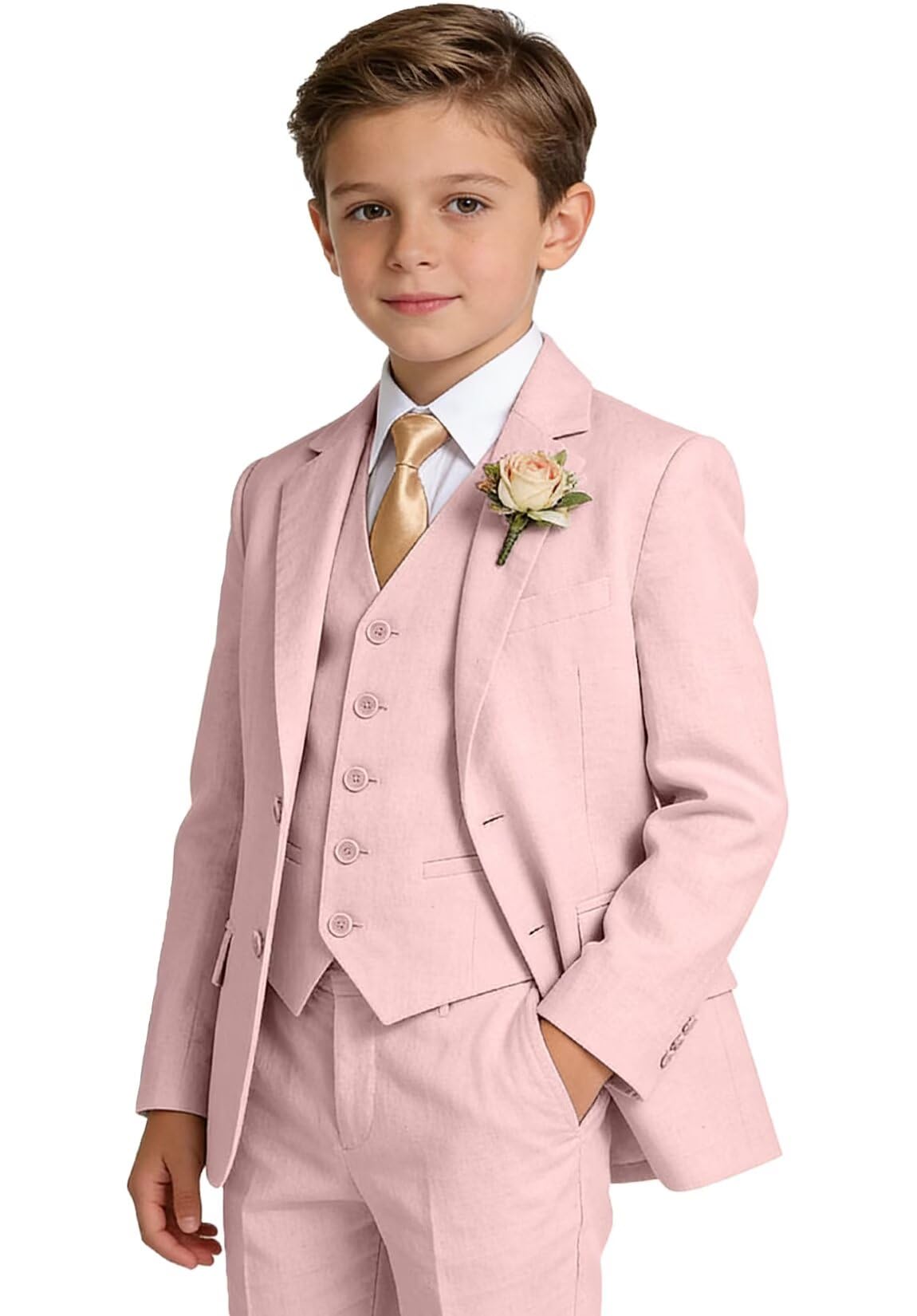 Boys Linen Suit 4 Piece Toddler Tuxedo Suits for Kids Dress Clothes | Boys formal suit, jackets vest pants, tie, slim fit, lightweight, adjustable waist, summer beach wedding, party prom outfit