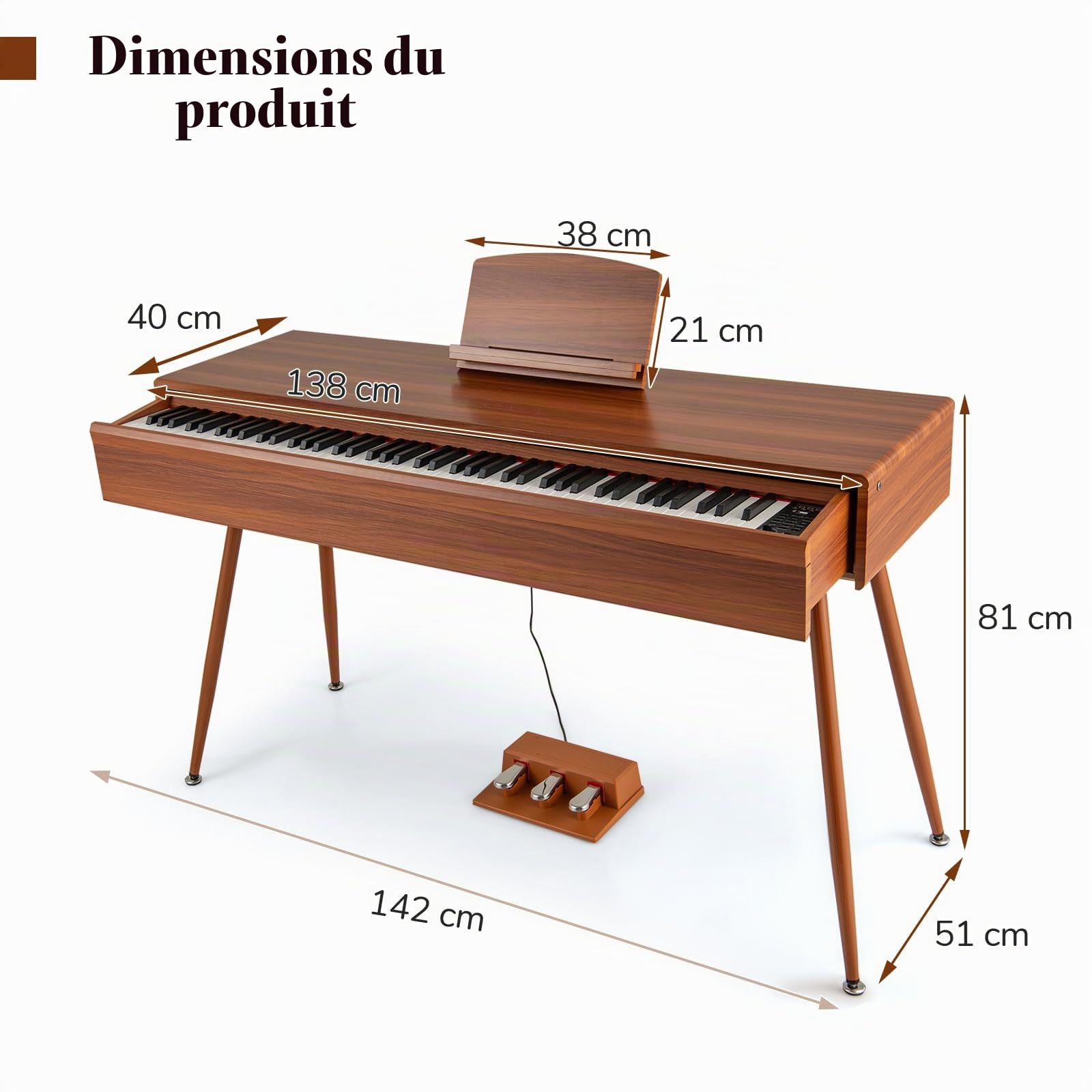 KOMFOTTEU Piano Numérique 88 Touches, Clavier Pianos Électroniques avec 800 Sons & 600 Rythmes, Touches lourdes, Piano Numérique avec Pupitre & 3 Pédales, Mode double Clavier, Marron
