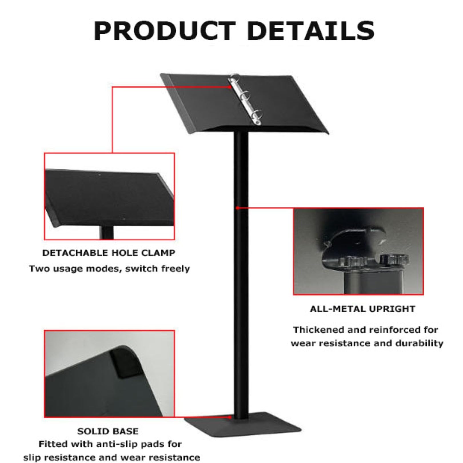Atril independiente negro, robusto podio de base de hierro para altavoces.Soporte de exhibición de menú de acrílico versátil con carpeta de flip extraíble.Ideal para restaurantes, conferencias, evento