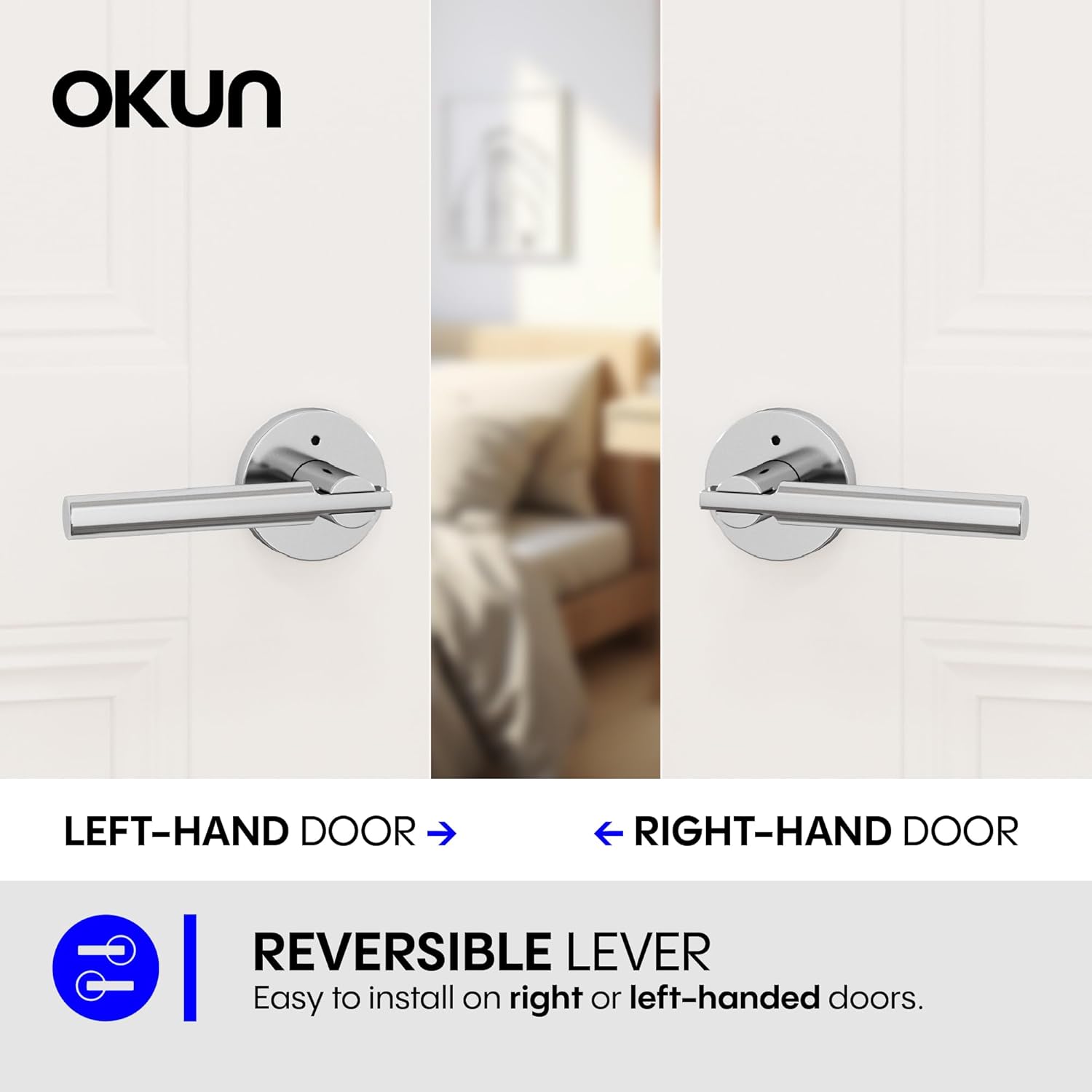 Okun Terra 2-Pack Chrome Privacy Door Levers – Push Button Lock, Reversible, Sleek Concealed-Mount Design for Bedroom & Bathroom