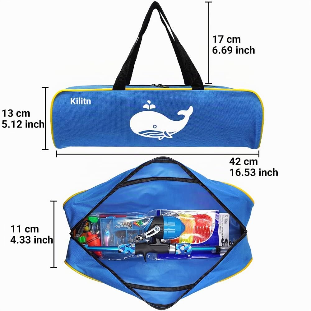 Kilitn Kit de Canna da Pesca per Bambini - 86 Pezzi, Canna da Pesca Telescopica e Mulinello Spincast Set e Accessori da Pesca Borsone da Viaggio per Ragazzi, Ragazze, Giovani, Principianti