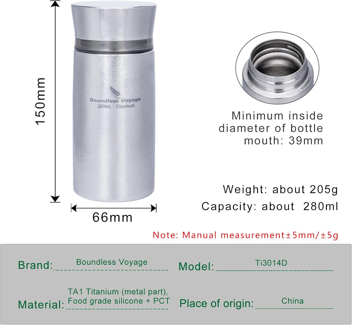 Boundless Voyage Titanium Insulated Bottle Slim Water Bottle 9.45oz Leakproof & Packable & Reusable Coffee Tea Cup for Picnic, Car, Backpack - ti3014D