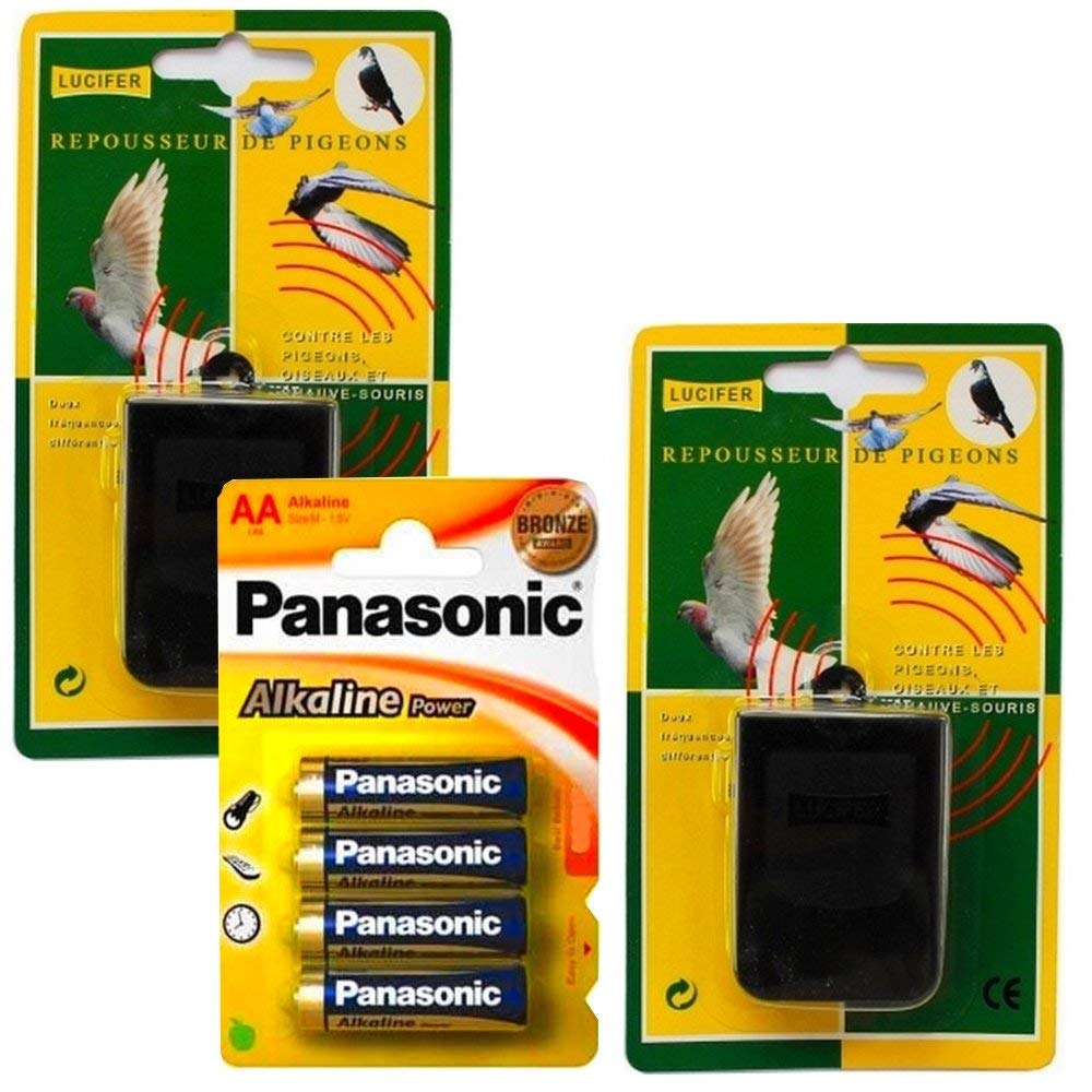 2 x repellenti anti piccione ad ultrasuoni (+ 4 batterie alkaline LR06), per uccelli e pipistrello, a batteria