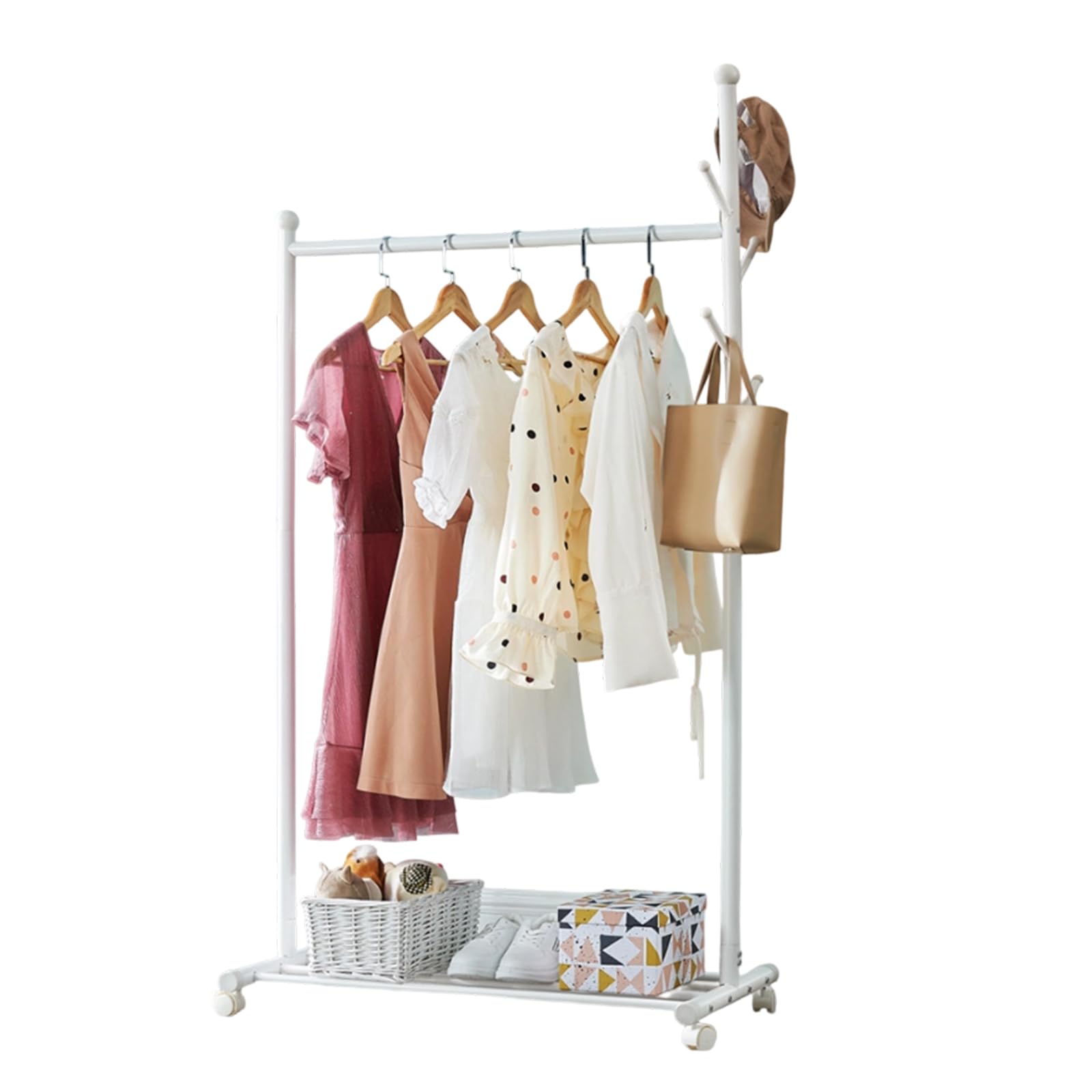 GarveeMore Heavy Duty Garment Rail, Rolling Clothes Rack with Shelf & Hooks
