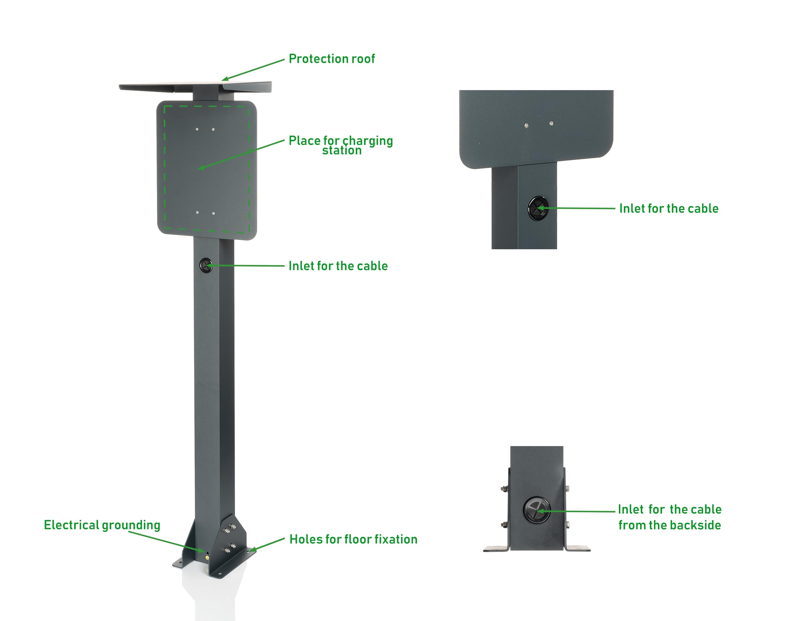 Supporto universale di alta qualità in alluminio per wallbox con tetto per la protezione dalle intemperie della stazione di ricarica. Colonna di supporto per stazioni di ricarica per