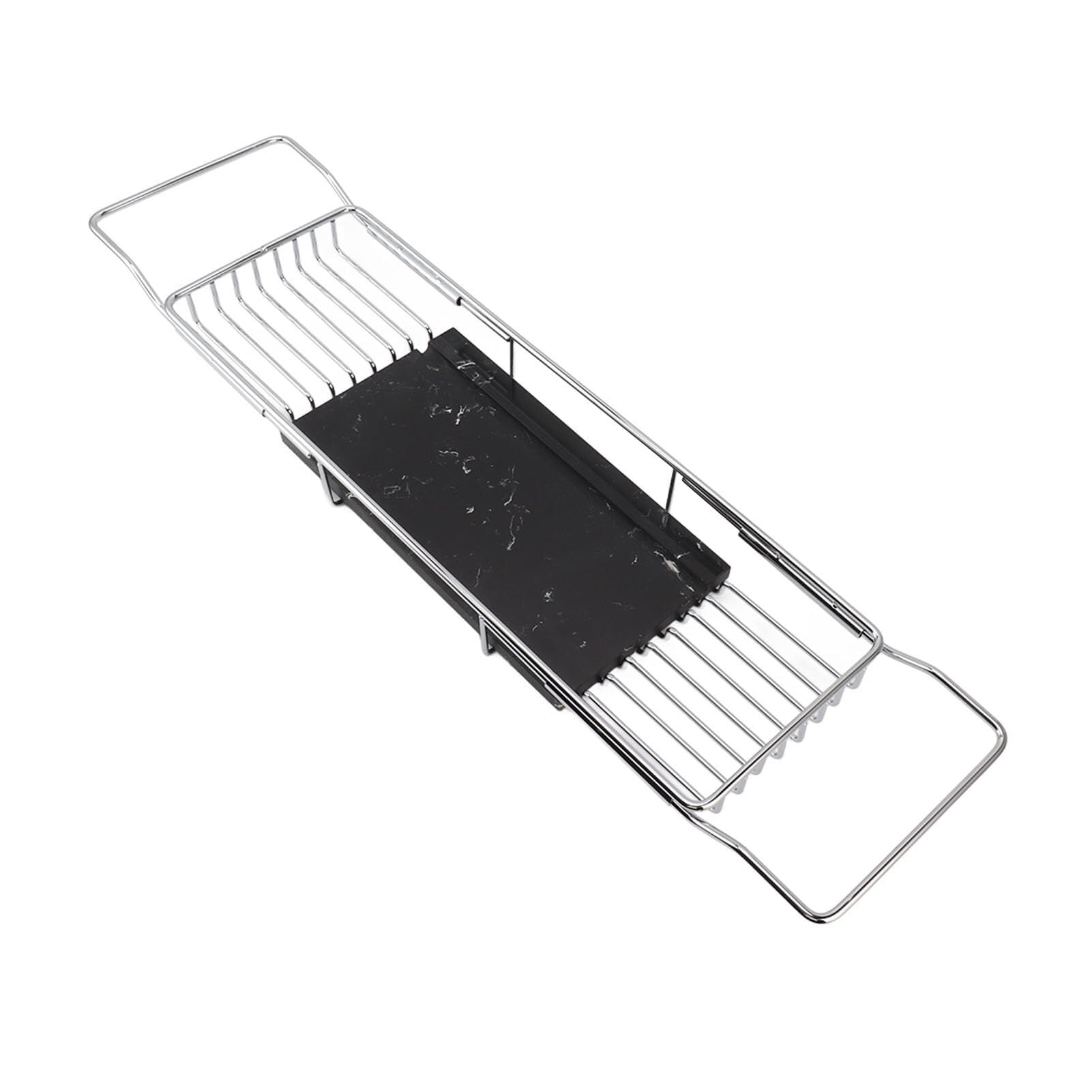 Elegante bandeja para bañera, moderno estante de metal para artículos esenciales de spa, champú y accesorios de baño, organizador que ahorra espacio en plata/negro, ideal para decoración de baño de